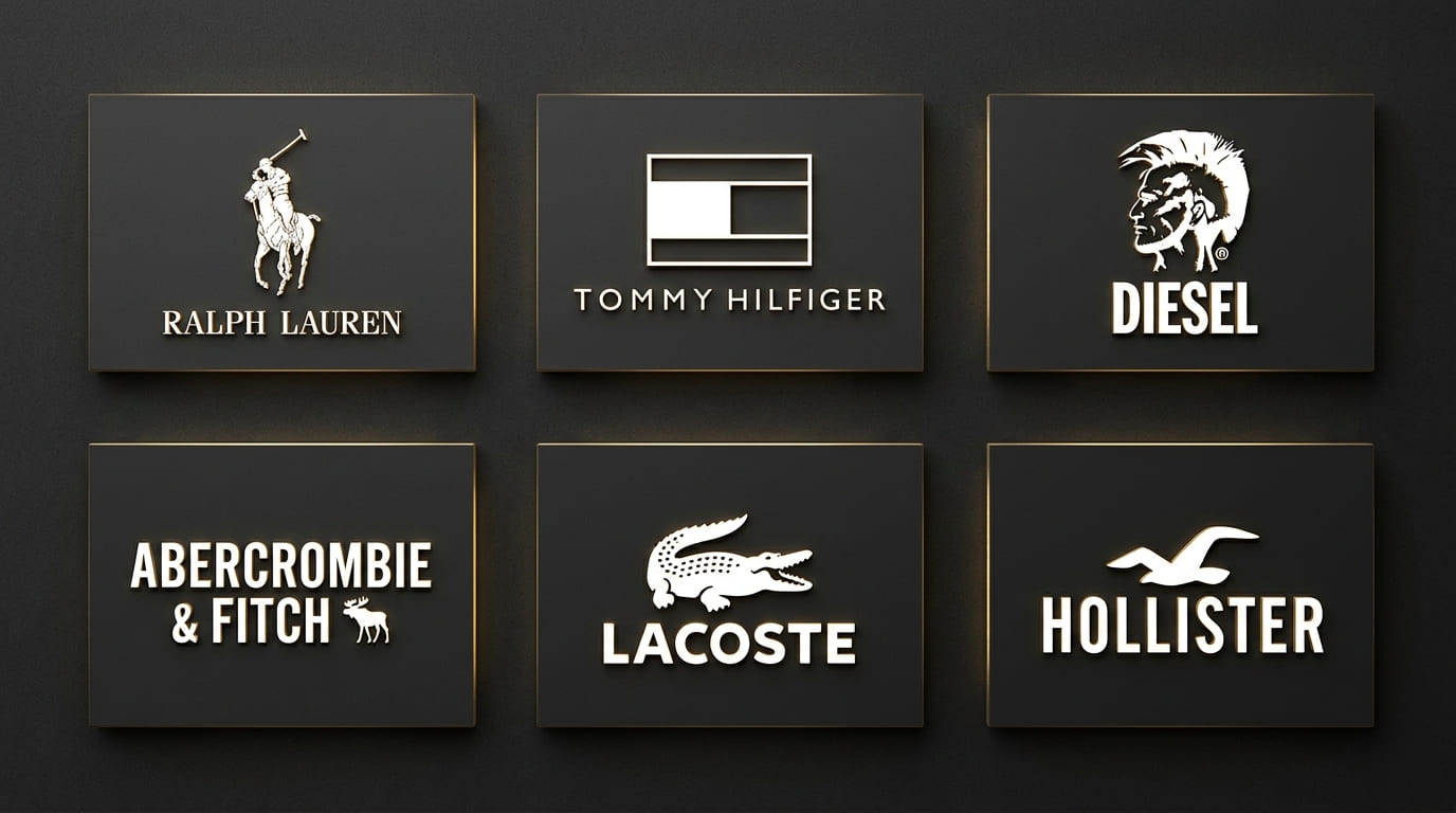 Ralph Lauren, Tommy Hilfiger, Diesel, Abercrombie e Fitch, Lacoste, Hollister